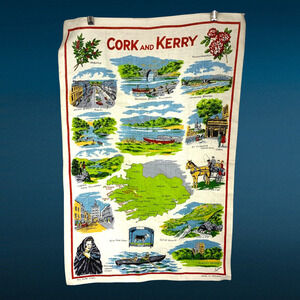 Vintage Irish Cork & Kerry Souvenir Kitchen Tea Towel 100% Linen Nelson